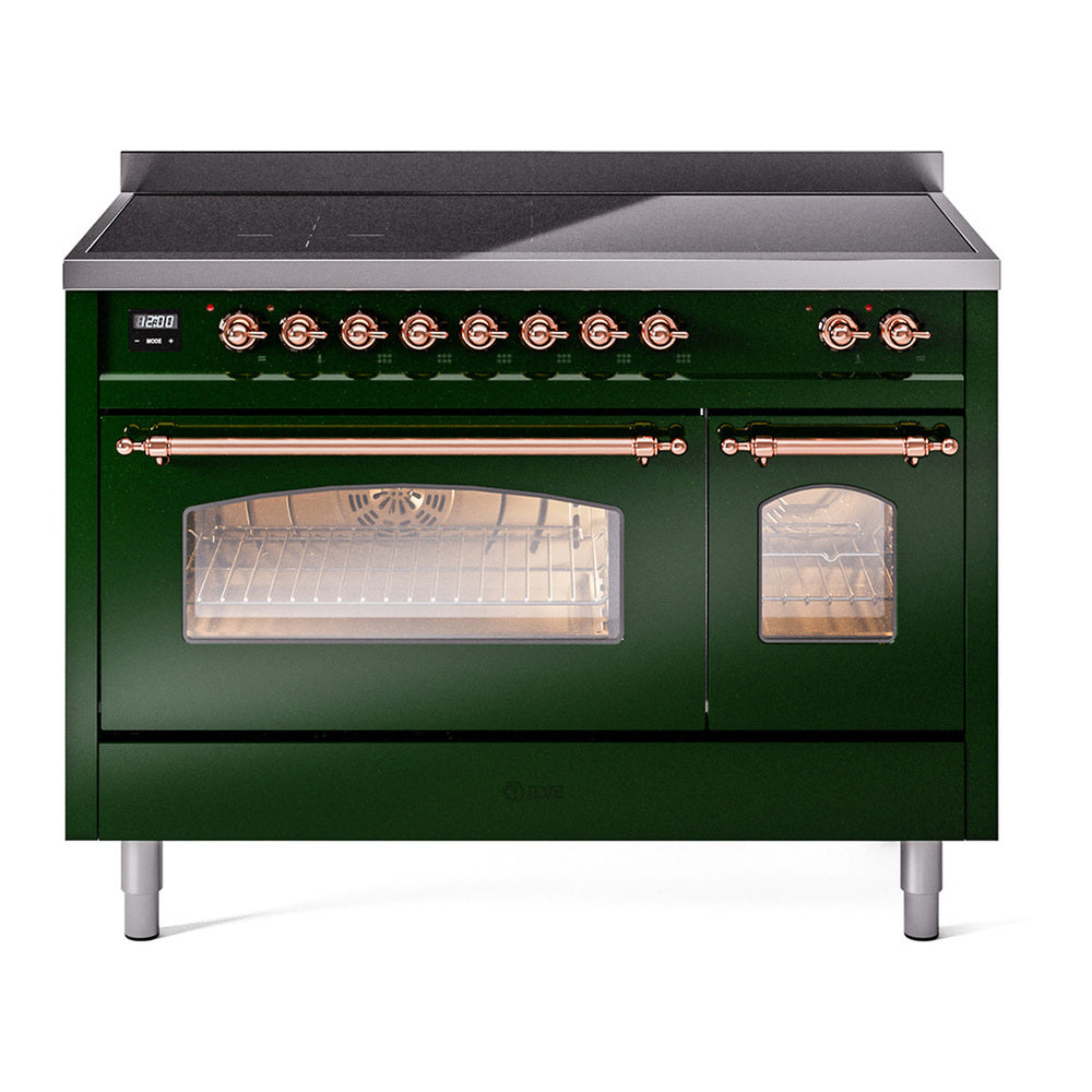 ILVE Nostalgie II 48" Induction Range - Double Ovens, 6-Element Induction - Triple Glass Door - Emerald Green / Copper
