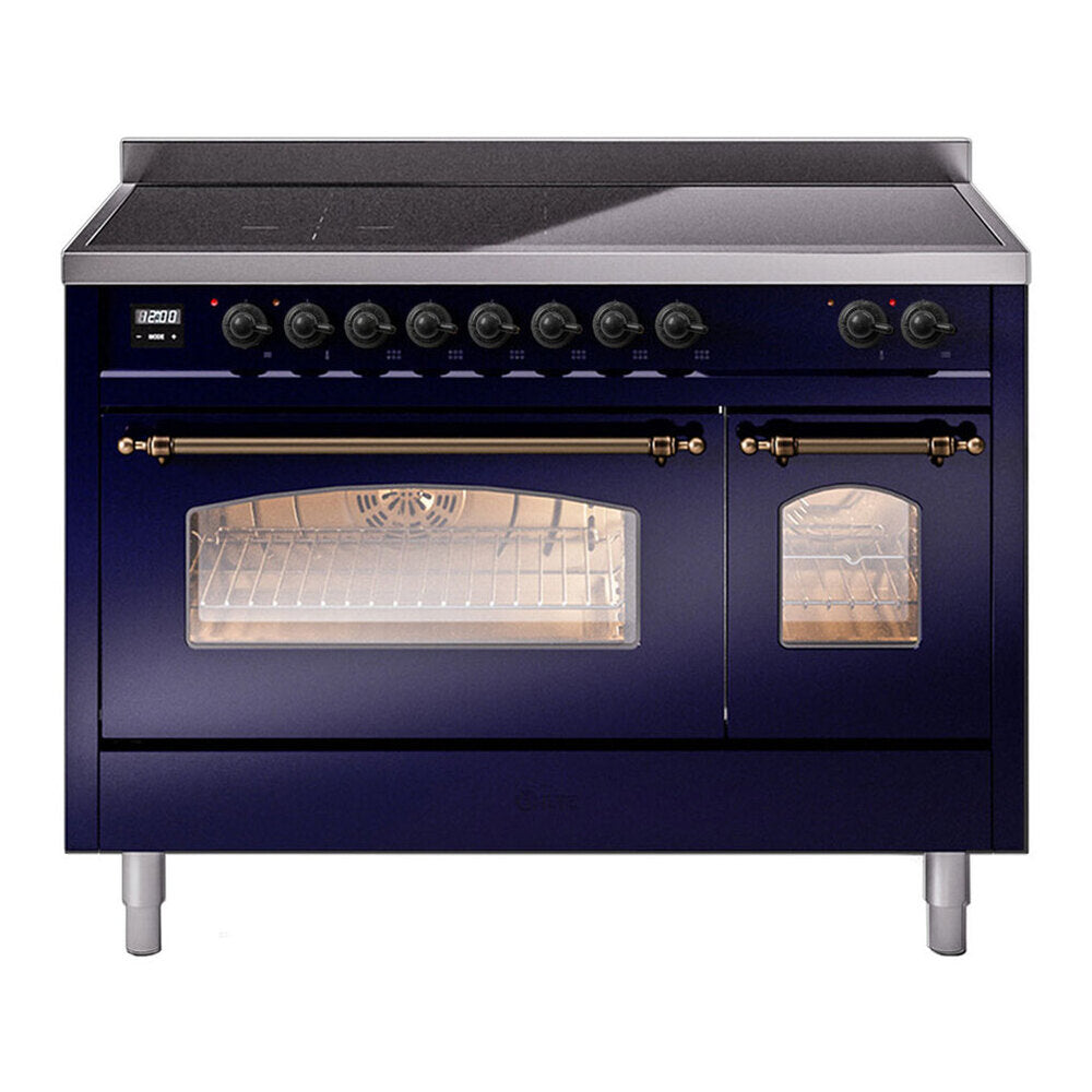 ILVE Nostalgie II 48" Induction Range - Double Ovens, 6-Element Induction - Triple Glass Door - Midnight Blue / Bronze