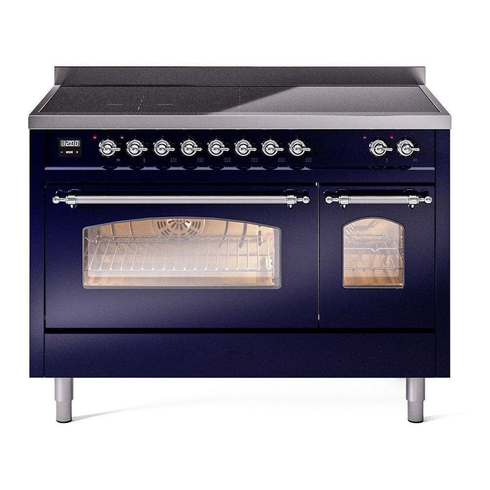 ILVE Nostalgie II 48" Induction Range - Double Ovens, 6-Element Induction - Triple Glass Door - Midnight Blue / Chrome
