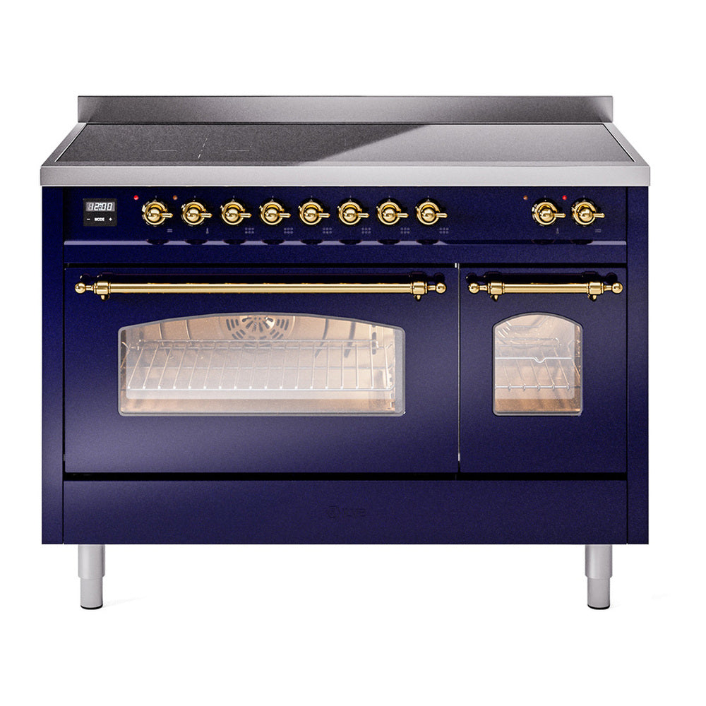 ILVE Nostalgie II 48" Induction Range - Double Ovens, 6-Element Induction - Triple Glass Door - Midnight Blue / Brass
