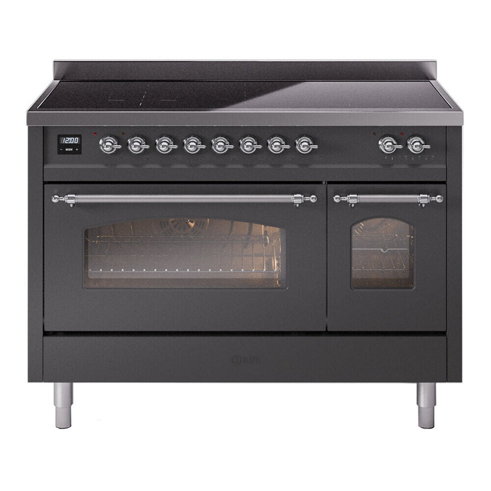 ILVE Nostalgie II 48" Induction Range - Double Ovens, 6-Element Induction - Triple Glass Door - Graphite Matte / Chrome