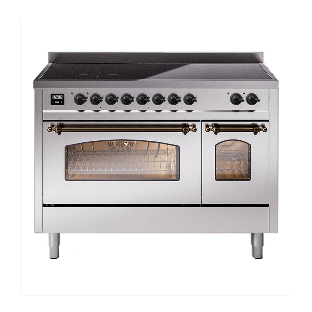 ILVE Nostalgie II 48" Induction Range - Double Ovens, 6-Element Induction - Triple Glass Door - Stainless Steel / Bronze