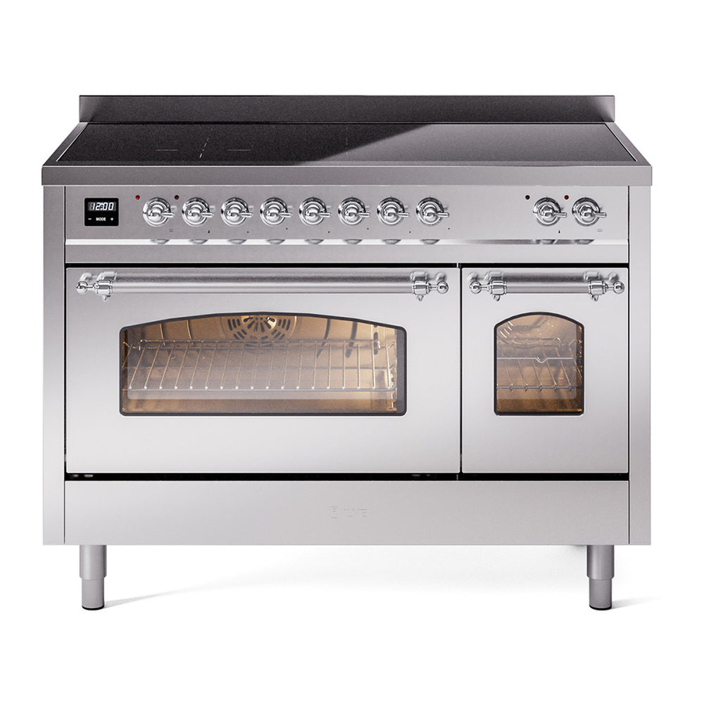 ILVE Nostalgie II 48" Induction Range - Double Ovens, 6-Element Induction - Triple Glass Door - Stainless Steel / Chrome