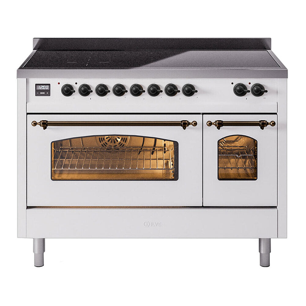 ILVE Nostalgie II 48" Induction Range - Double Ovens, 6-Element Induction - Triple Glass Door - White / Bronze