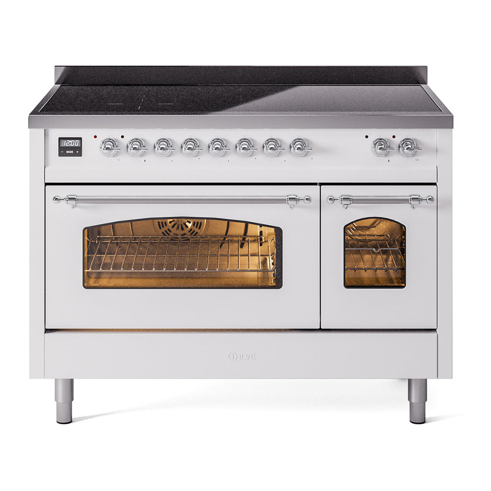 ILVE Nostalgie II 48" Induction Range - Double Ovens, 6-Element Induction - Triple Glass Door - White / Chrome