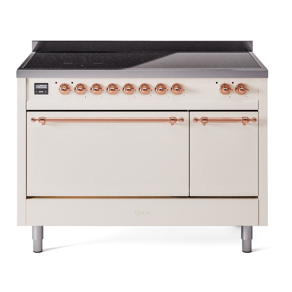 ILVE Nostalgie II 48" Induction Range - Double Ovens, 6-Element Induction - Solid Door - Antique White / Copper