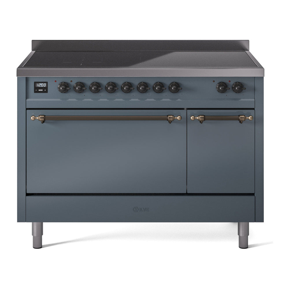 ILVE Nostalgie II 48" Induction Range - Double Ovens, 6-Element Induction - Solid Door - Blue Grey / Bronze