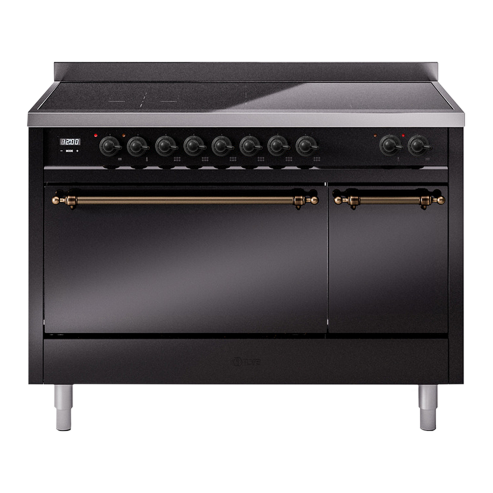 ILVE Nostalgie II 48" Induction Range - Double Ovens, 6-Element Induction - Solid Door - Glossy Black / Bronze