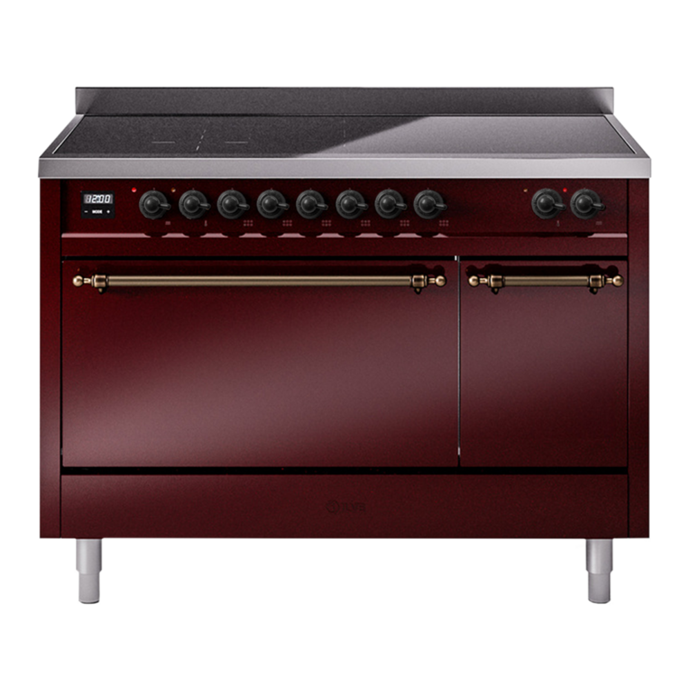 ILVE Nostalgie II 48" Induction Range - Double Ovens, 6-Element Induction - Solid Door - Burgundy / Bronze