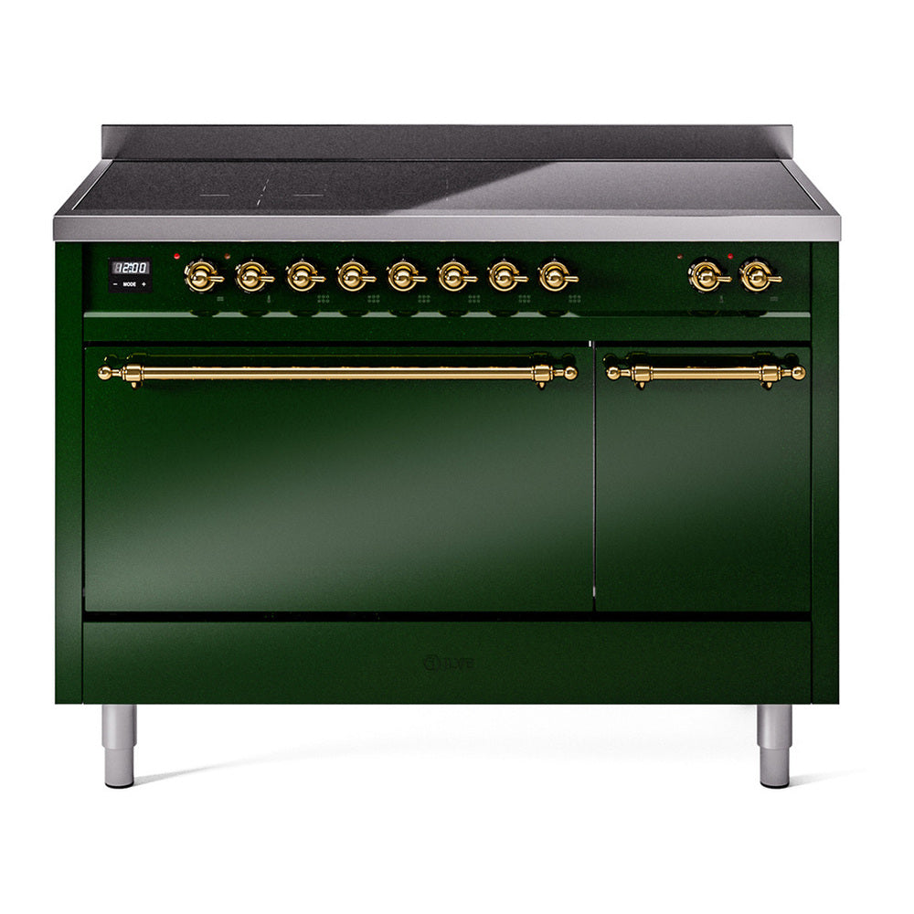 ILVE Nostalgie II 48" Induction Range - Double Ovens, 6-Element Induction - Solid Door - Emerald Green / Brass