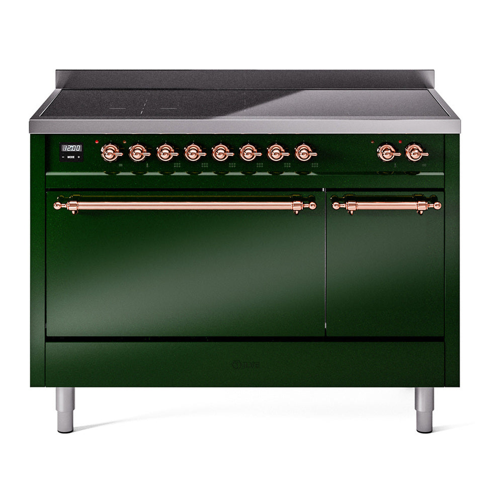 ILVE Nostalgie II 48" Induction Range - Double Ovens, 6-Element Induction - Solid Door - Emerald Green / Copper