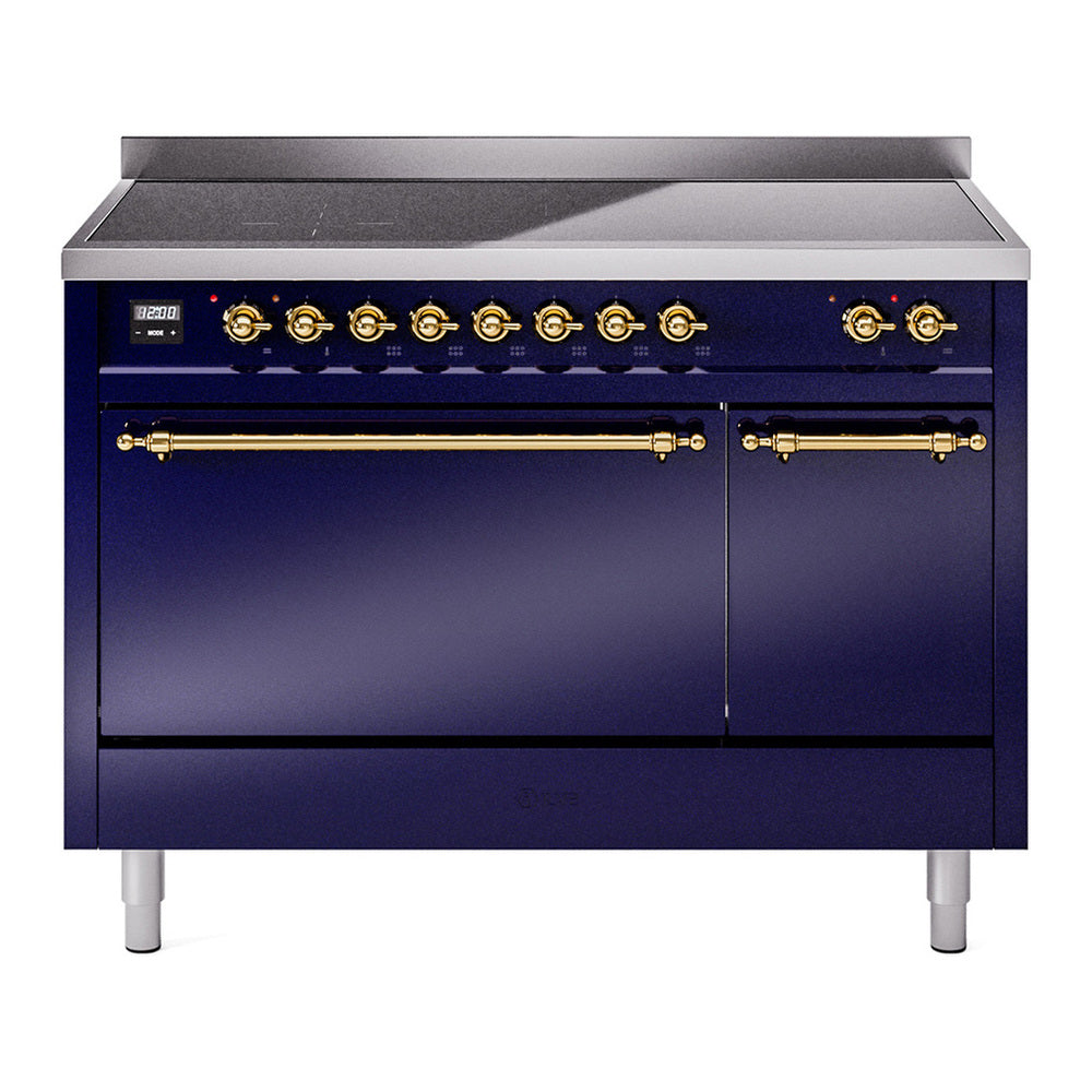 ILVE Nostalgie II 48" Induction Range - Double Ovens, 6-Element Induction - Solid Door - Midnight Blue / Brass