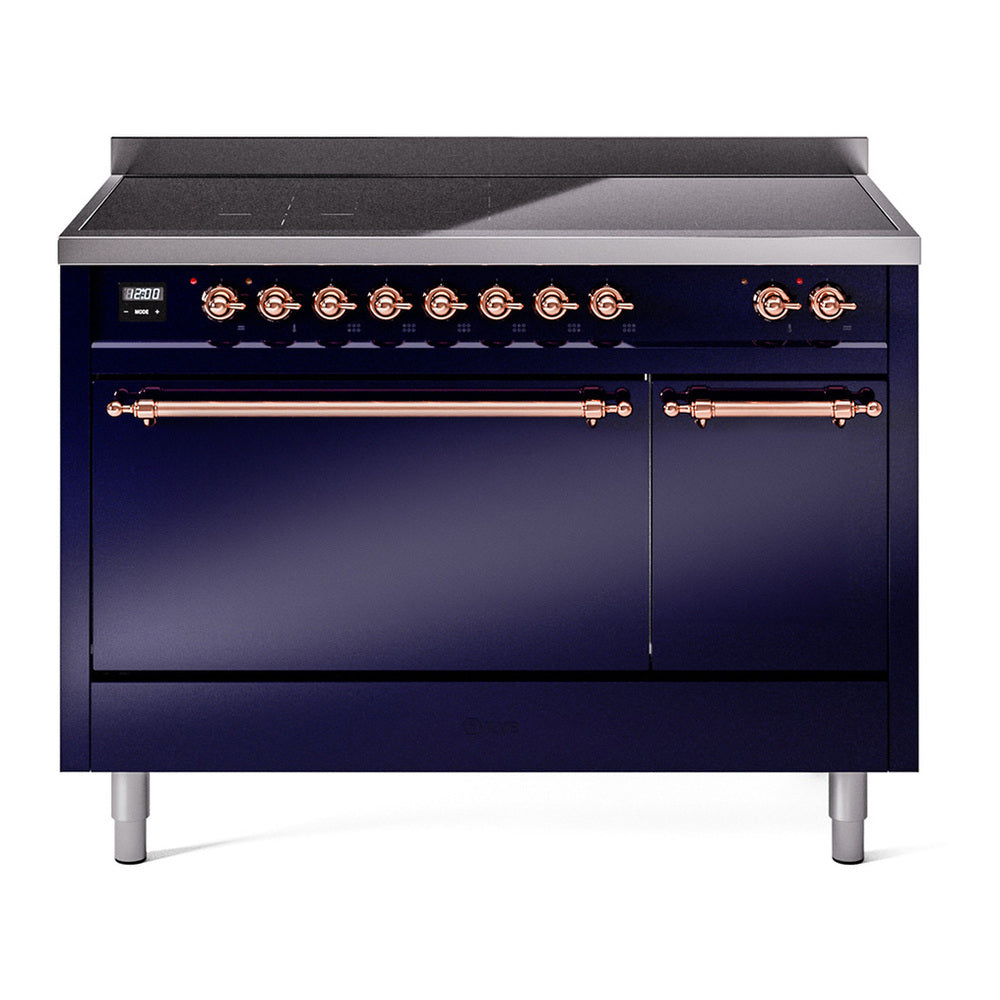 ILVE Nostalgie II 48" Induction Range - Double Ovens, 6-Element Induction - Solid Door - Midnight Blue / Copper
