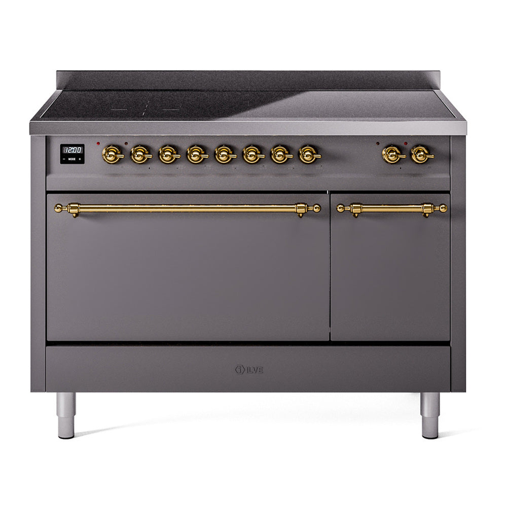 ILVE Nostalgie II 48" Induction Range - Double Ovens, 6-Element Induction - Solid Door - Graphite Matte / Brass