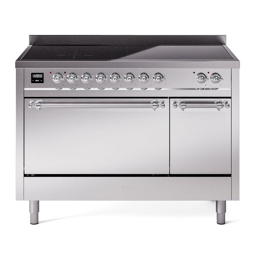 ILVE Nostalgie II 48" Induction Range - Double Ovens, 6-Element Induction - Solid Door - Stainless Steel / Chrome
