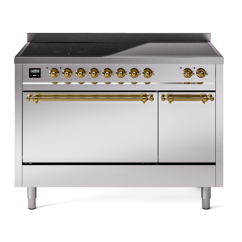ILVE Nostalgie II 48" Induction Range - Double Ovens, 6-Element Induction - Solid Door - Stainless Steel / Brass