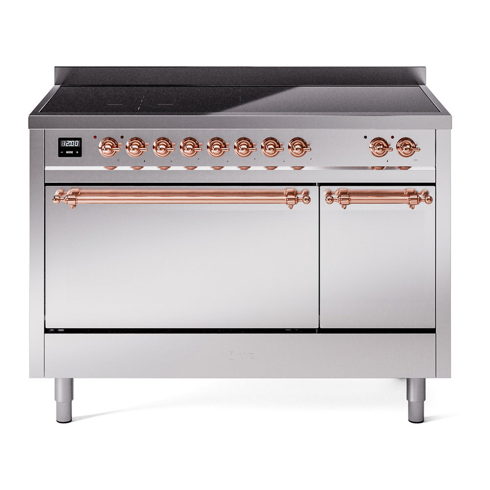 ILVE Nostalgie II 48" Induction Range - Double Ovens, 6-Element Induction - Solid Door - Stainless Steel / Copper