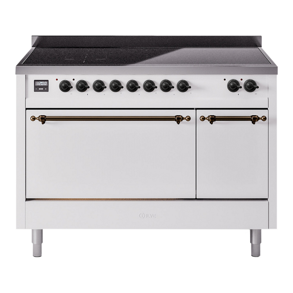 ILVE Nostalgie II 48" Induction Range - Double Ovens, 6-Element Induction - Solid Door - White / Bronze