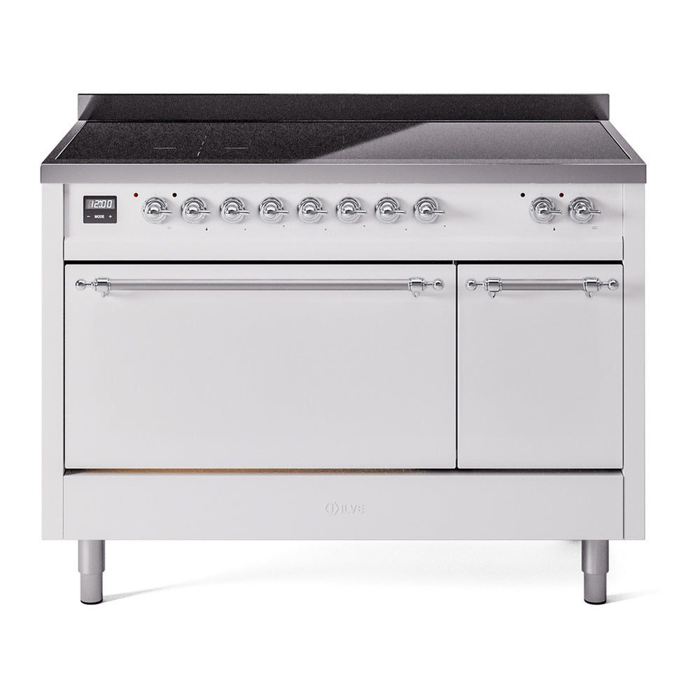 ILVE Nostalgie II 48" Induction Range - Double Ovens, 6-Element Induction - Solid Door - White / Chrome