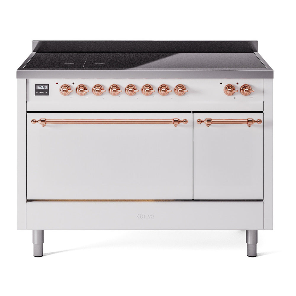 ILVE Nostalgie II 48" Induction Range - Double Ovens, 6-Element Induction - Solid Door - White / Copper