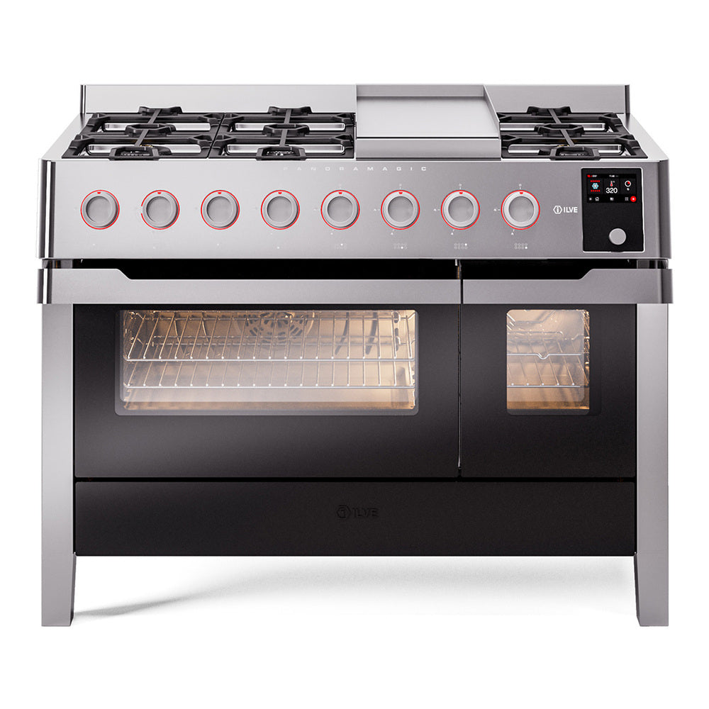 ILVE Panoramagic 48" Dual Fuel Range - 8 Burners + Griddle, Double Ovens