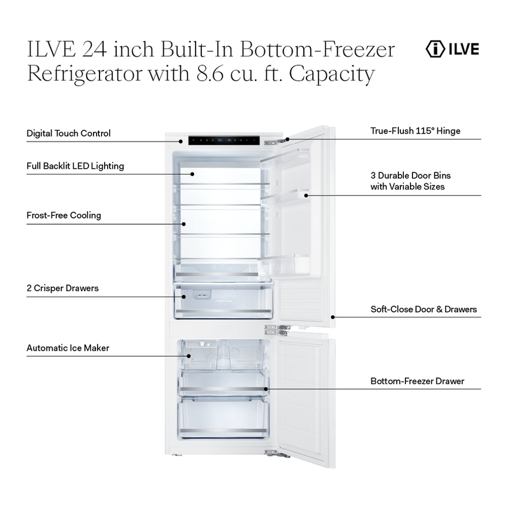 ILVE 24 inch Built-In Bottom Freezer Refrigerator with 8.6 cu. ft. Capacity, Automatic Ice Maker, Panel Ready - image 2