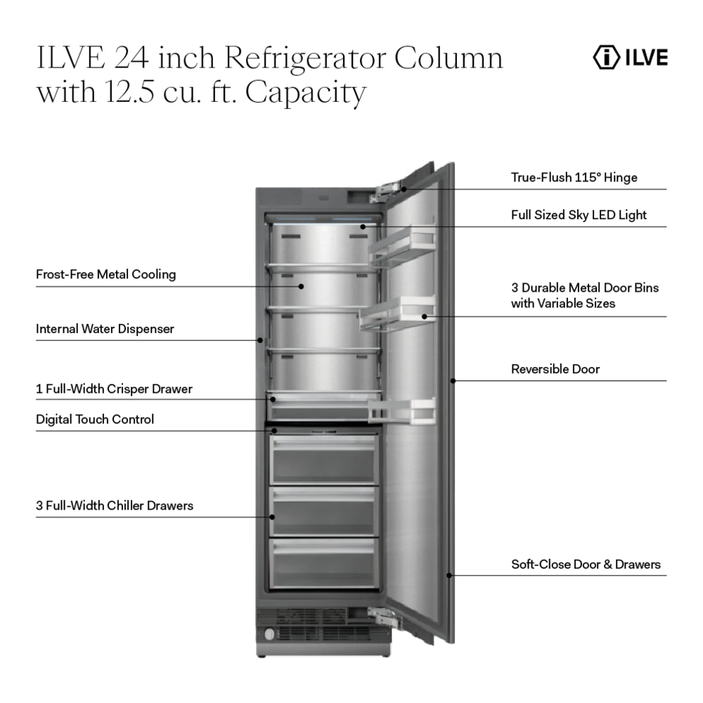 ILVE 24 inch Refrigerator Column with 12.5 cu. ft. Capacity, Internal Water Dispenser, Panel Ready - image 2