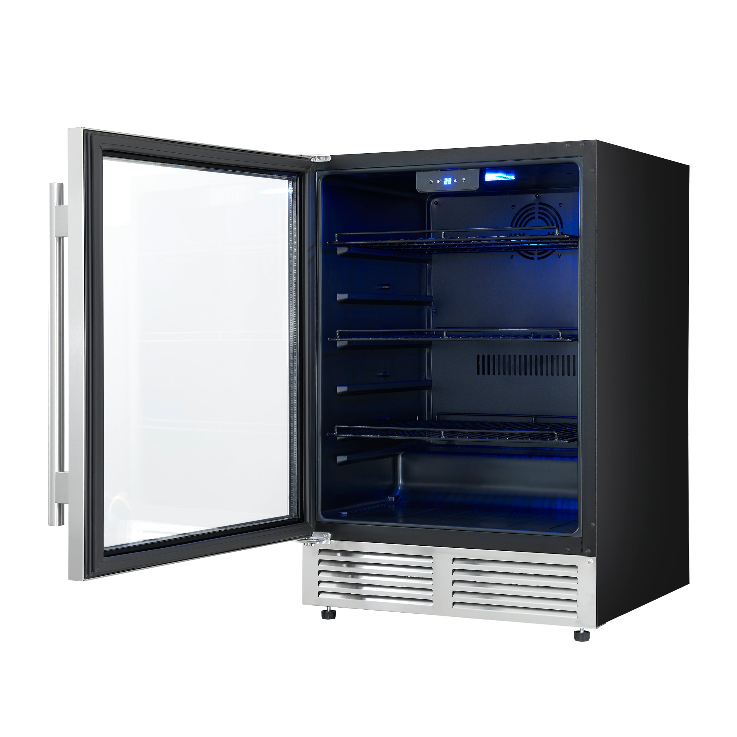 Forno Frescolino 24 Inch Beverage Cooler, Stainless Steel, with LED Lighting, Triple Glass Door, 188 Can Capacity, Built-In or Freestanding