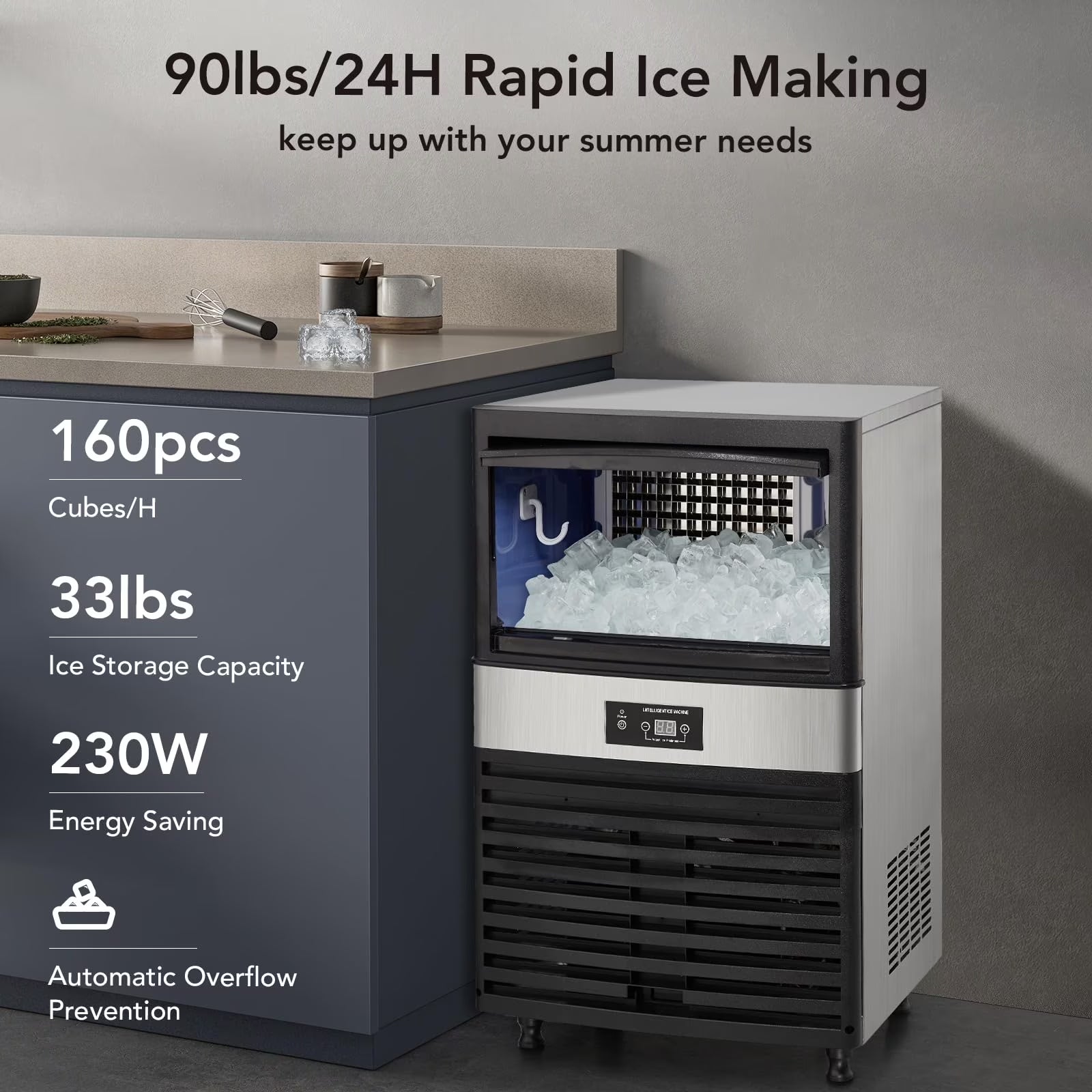 Commercial Ice Maker 90Lbs/24H with 33Lbs Storage, Full Stainless Steel under Counter Ice Machine for Party/Bar/Home/Office