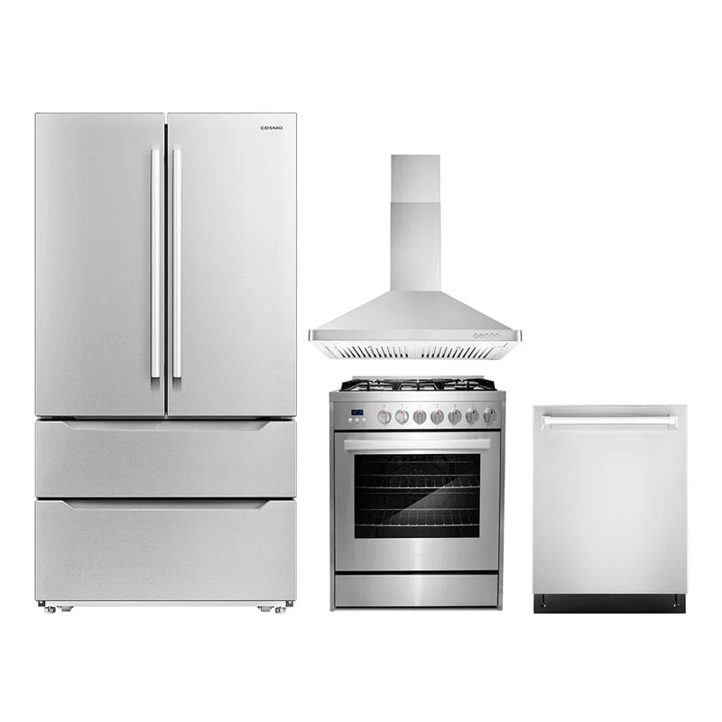 4 Piece Kitchen Appliance Package with French Door Refrigerator 30'' Gas Freestanding Built-In Wall Mount Range Hood