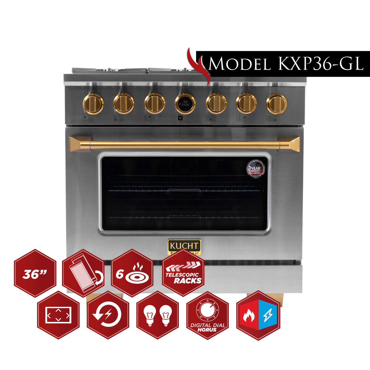 Kucht 36 in. 5.2 cu. ft. 6 Burners Dual Fuel Range KXP36 - image 34