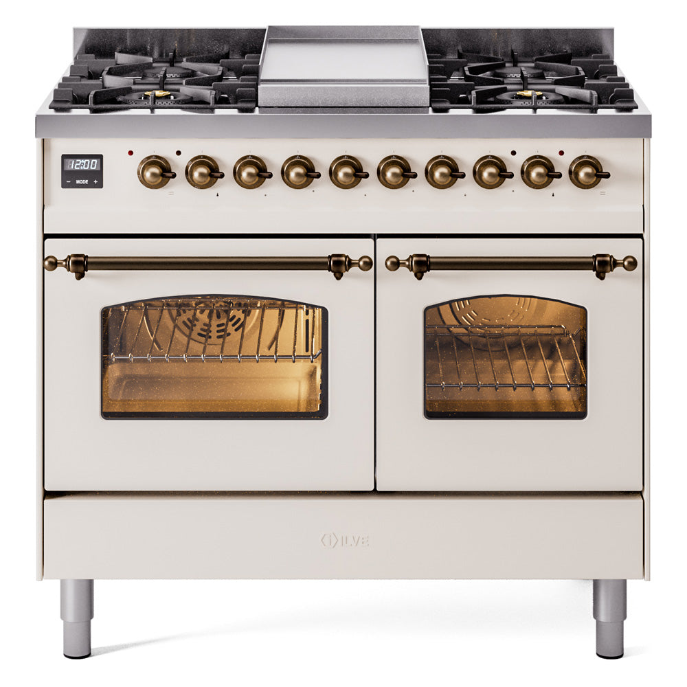 ILVE Nostalgie II 40" Dual Fuel Range - Double Ovens, 6 Burners + Griddle - Solid Door