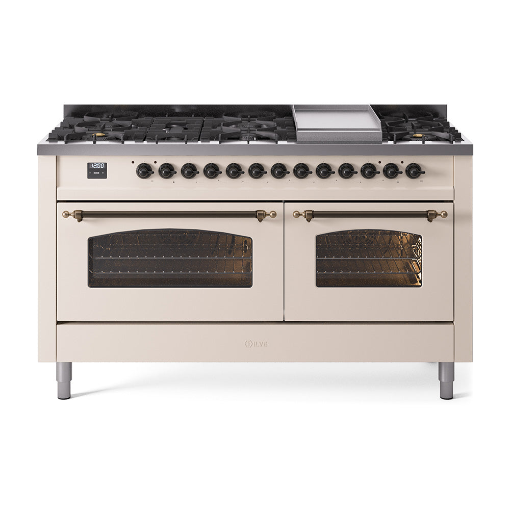 ILVE Nostalgie II 60" Dual Fuel Range - Double Ovens, 7 Burners + Griddle + French Top - Solid Door