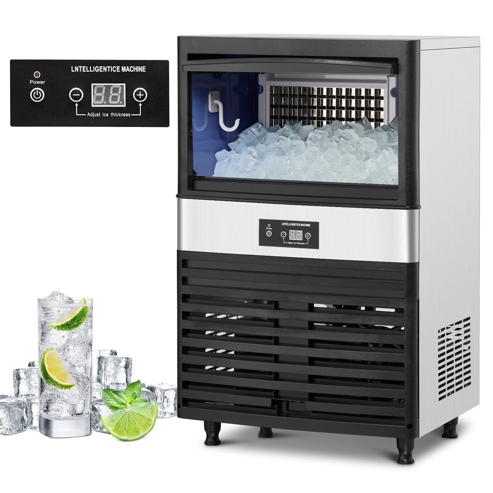 Commercial Ice Maker 90Lbs/24H with 33Lbs Storage, Full Stainless Steel under Counter Ice Machine for Party/Bar/Home/Office