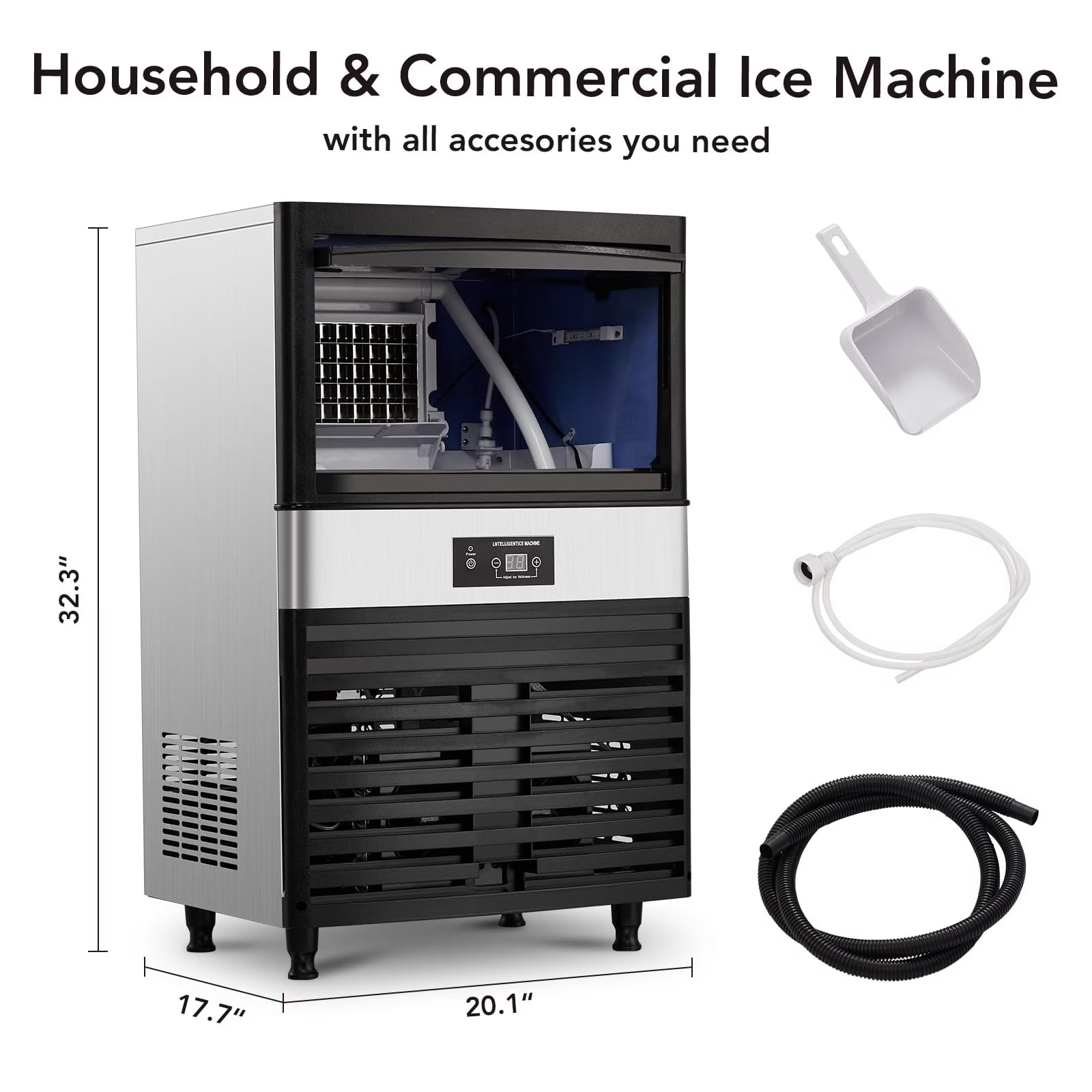 Commercial Ice Maker 90Lbs/24H with 33Lbs Storage, Full Stainless Steel under Counter Ice Machine for Party/Bar/Home/Office
