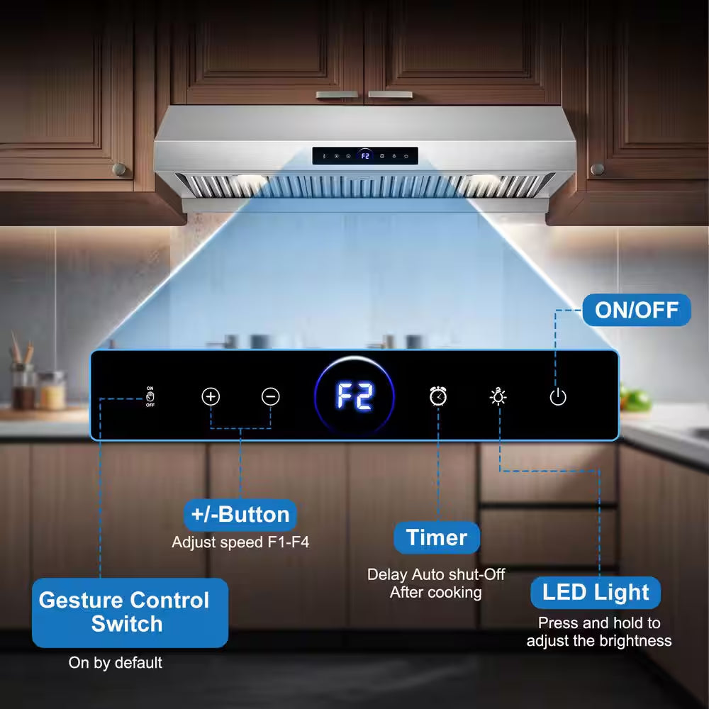 36 In. 900 CFM Stainless Steel Range Hood with 4-Speed Settings, Remote Control, LED, Gesture Control Detachable Oil Cup