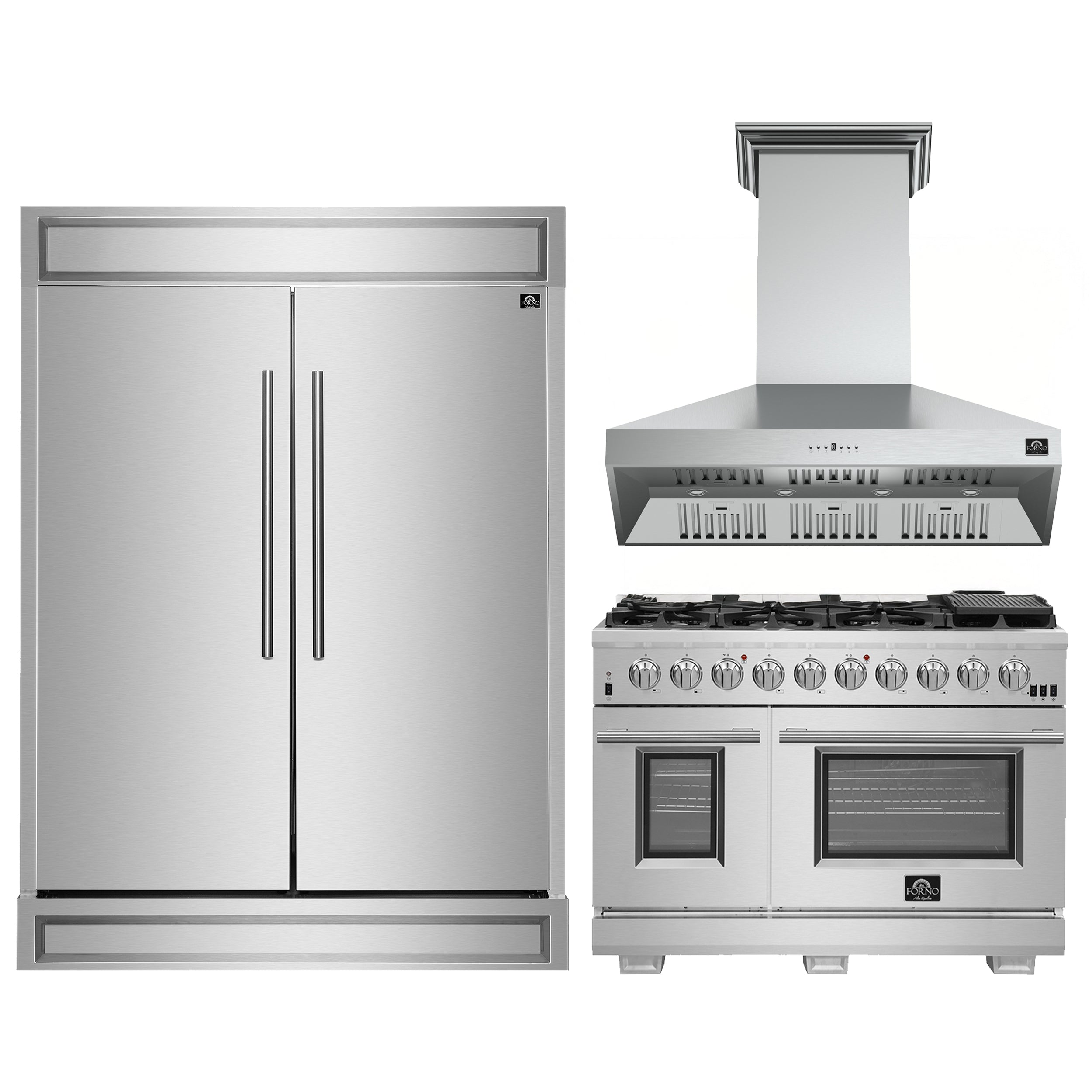 FORNO Premium 3-Piece Kitchen Bundle - FORNO Capriasca 48" Freestanding Gas Range, FORNO Maderno 60" 2-Piece Convertible Refrigerator/Freezer Built-In with Decorative Grill Trim, 27.2 cu.ft., FORNO Orvieto 48" Wall Mount Range Hood - FBDL-019-07CAUS
