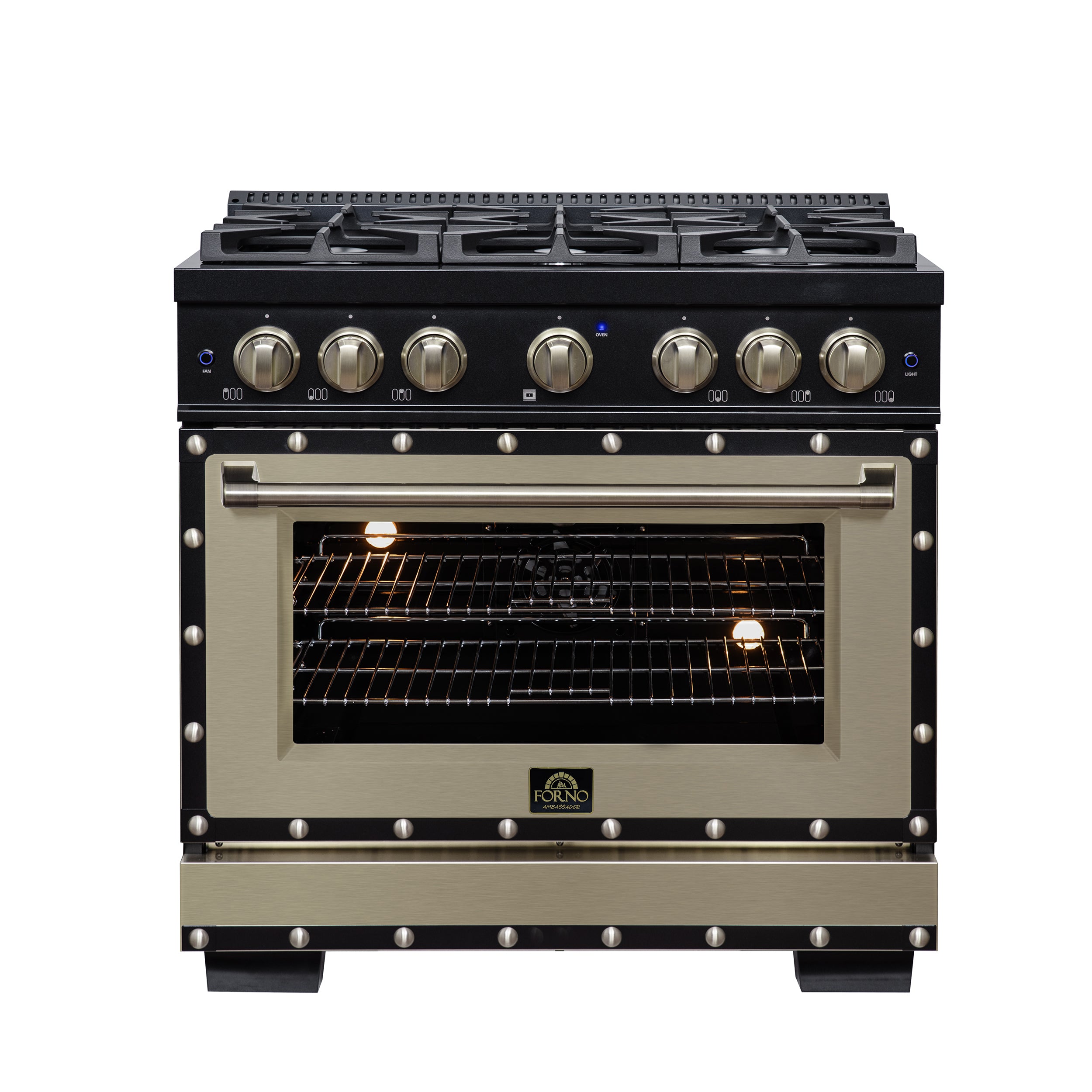 Valente 36" Dual Fuel Range in Black, 6 Sealed Burners, 71 000 BTU Cooktop Output , 5.2 Cu.Ft. convection Oven, Telescopic Racks