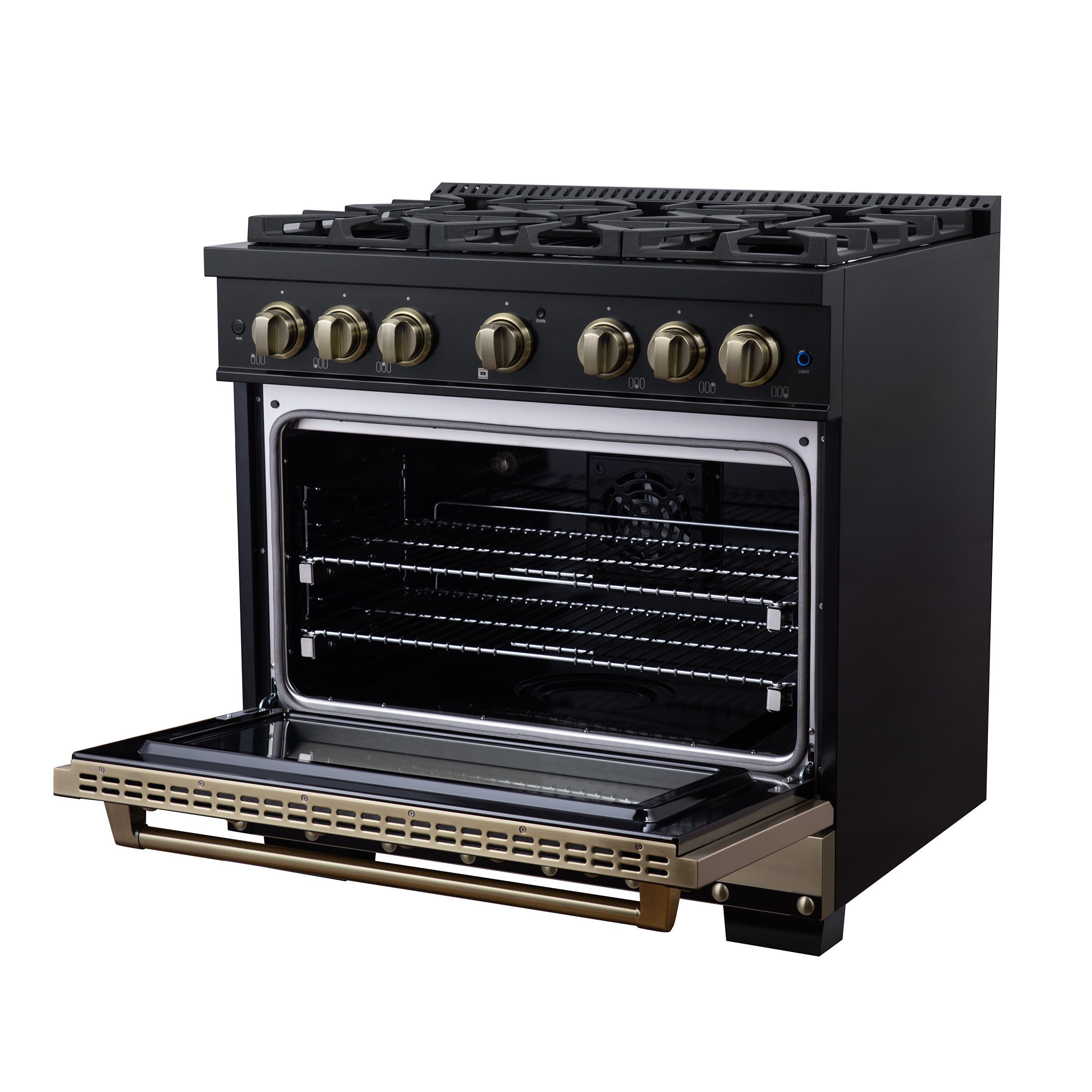 Valente 36" Dual Fuel Range in Black, 6 Sealed Burners, 71 000 BTU Cooktop Output , 5.2 Cu.Ft. convection Oven, Telescopic Racks