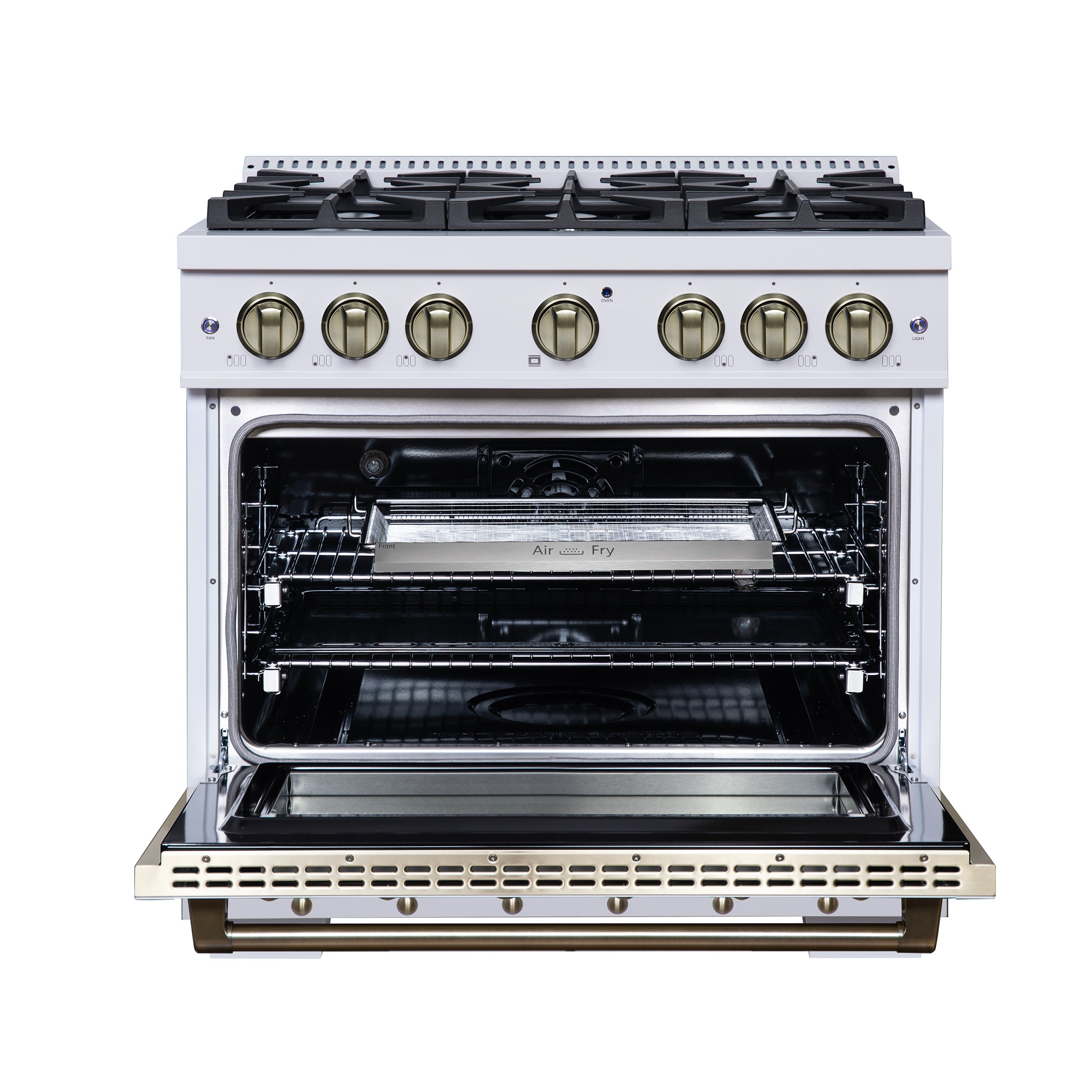 Valente 36" Dual Fuel Range in White, 6 Sealed Burners, 71 000 BTU Cooktop Output , 5.2 Cu.Ft. convection Oven, Telescopic Racks