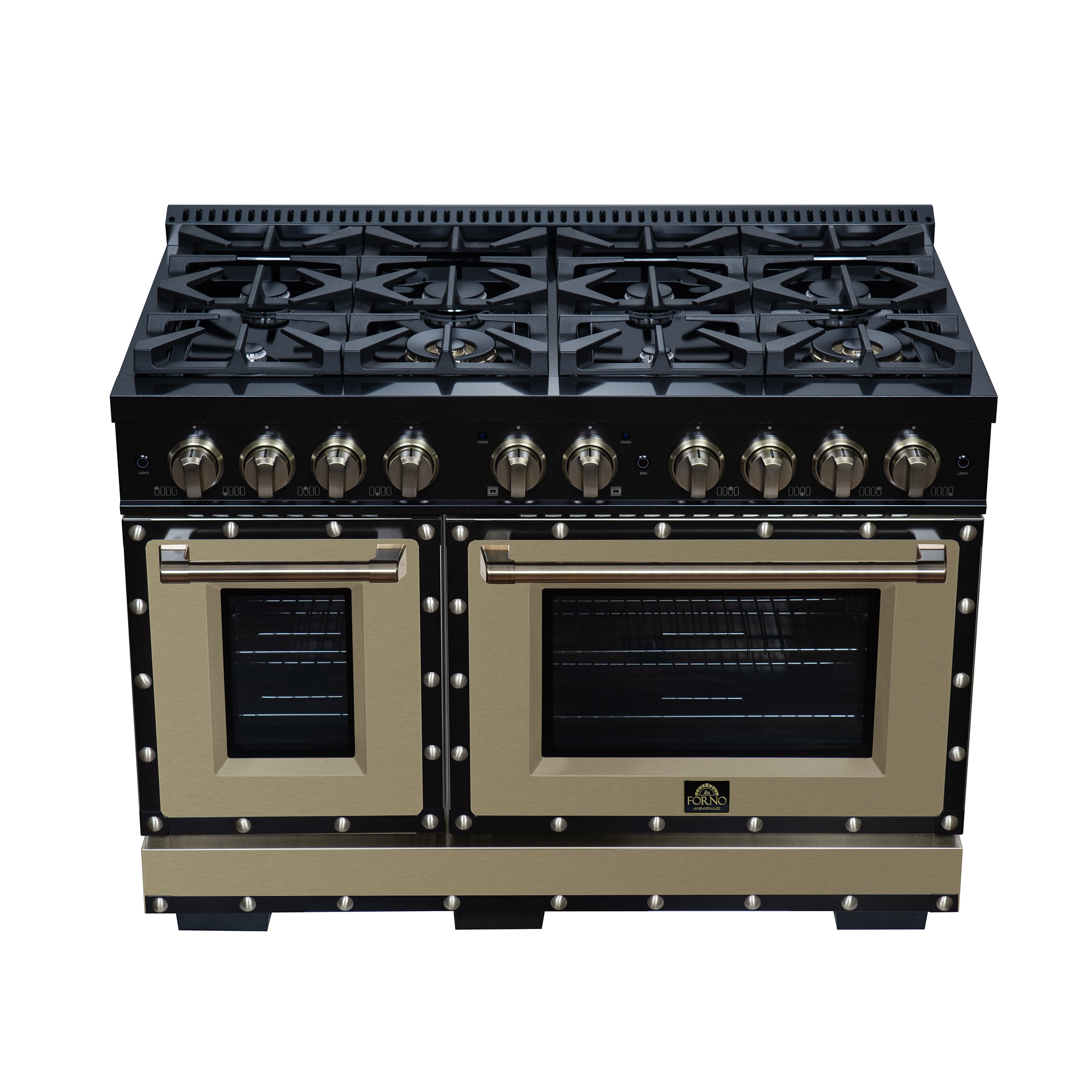 Valente 48" Dual Fuel Range in Black, 8 Sealed Burners, 94 000 BTU Cooktop Output, 6.7 Cu.Ft. Double Oven, Telescopic Racks