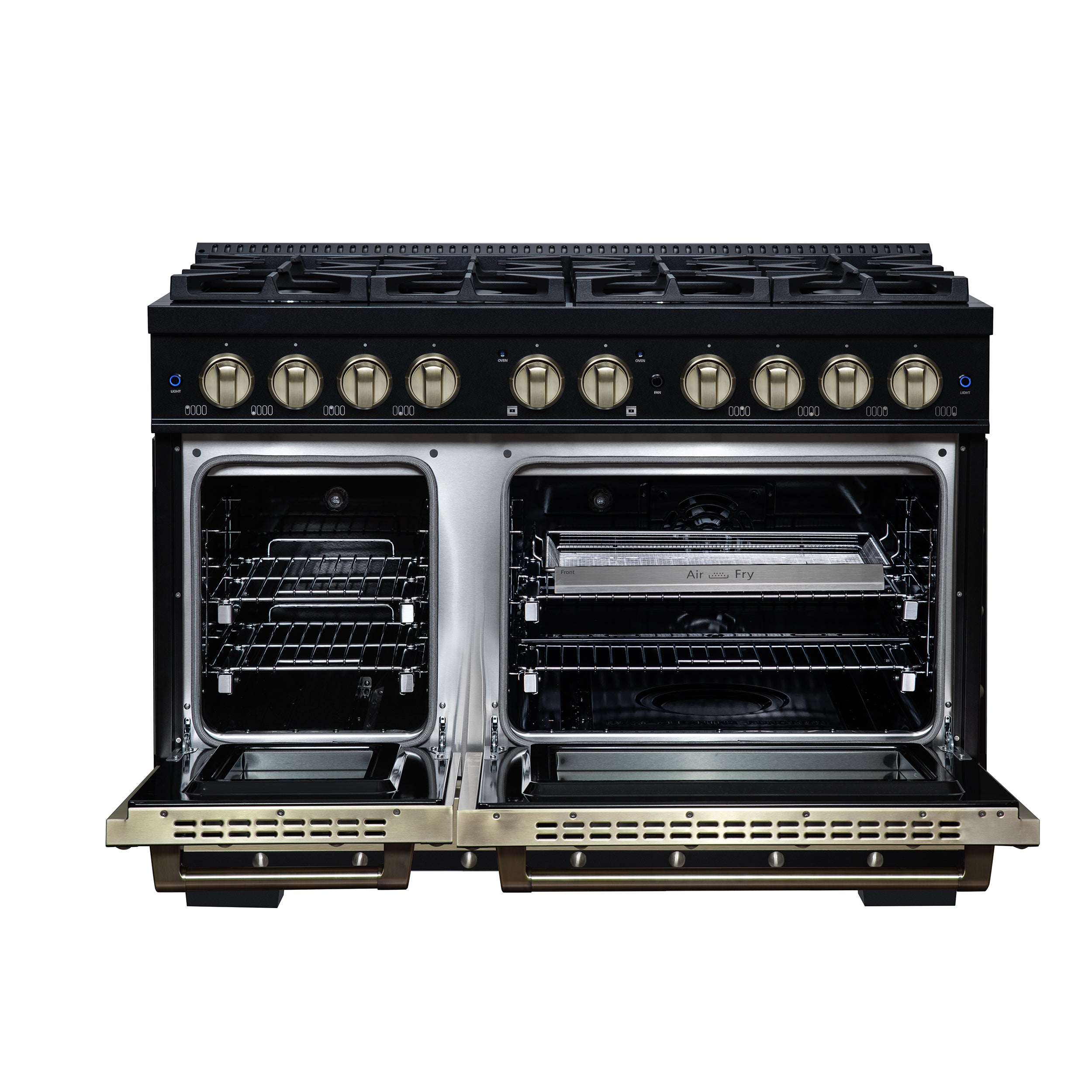 Valente 48" Dual Fuel Range in Black, 8 Sealed Burners, 94 000 BTU Cooktop Output, 6.7 Cu.Ft. Double Oven, Telescopic Racks