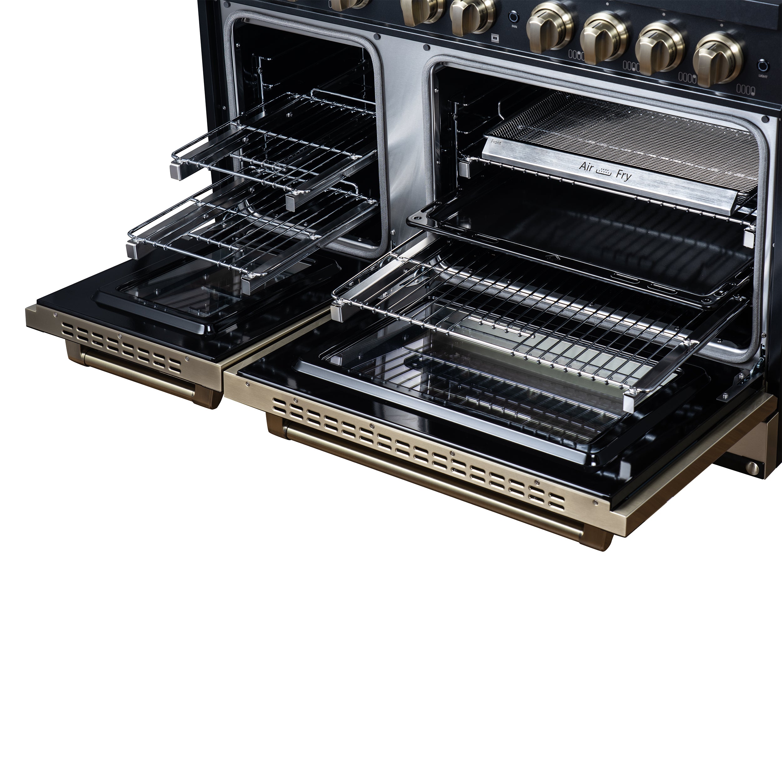Valente 48" Dual Fuel Range in Black, 8 Sealed Burners, 94 000 BTU Cooktop Output, 6.7 Cu.Ft. Double Oven, Telescopic Racks