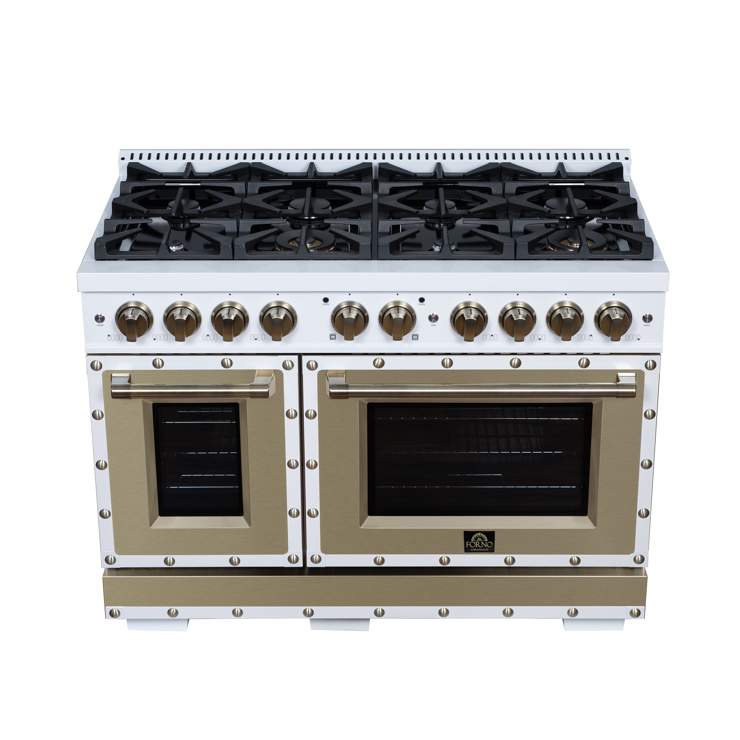 Valente 48" Dual Fuel Range in White, 8 Sealed Burners, 94 000 BTU Cooktop Output, 6.7 Cu.Ft. Double Oven, Telescopic Racks