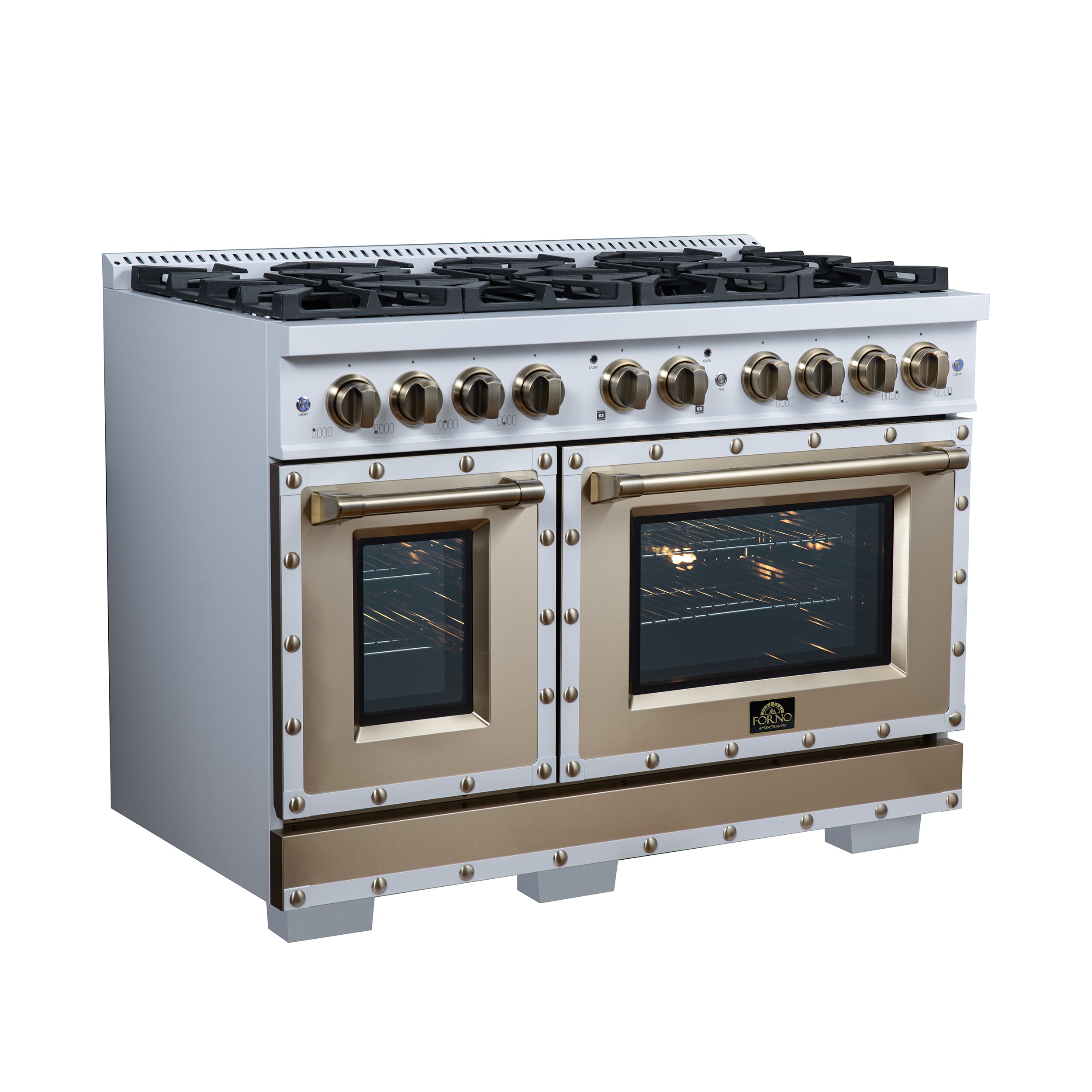 Valente 48" Dual Fuel Range in White, 8 Sealed Burners, 94 000 BTU Cooktop Output, 6.7 Cu.Ft. Double Oven, Telescopic Racks