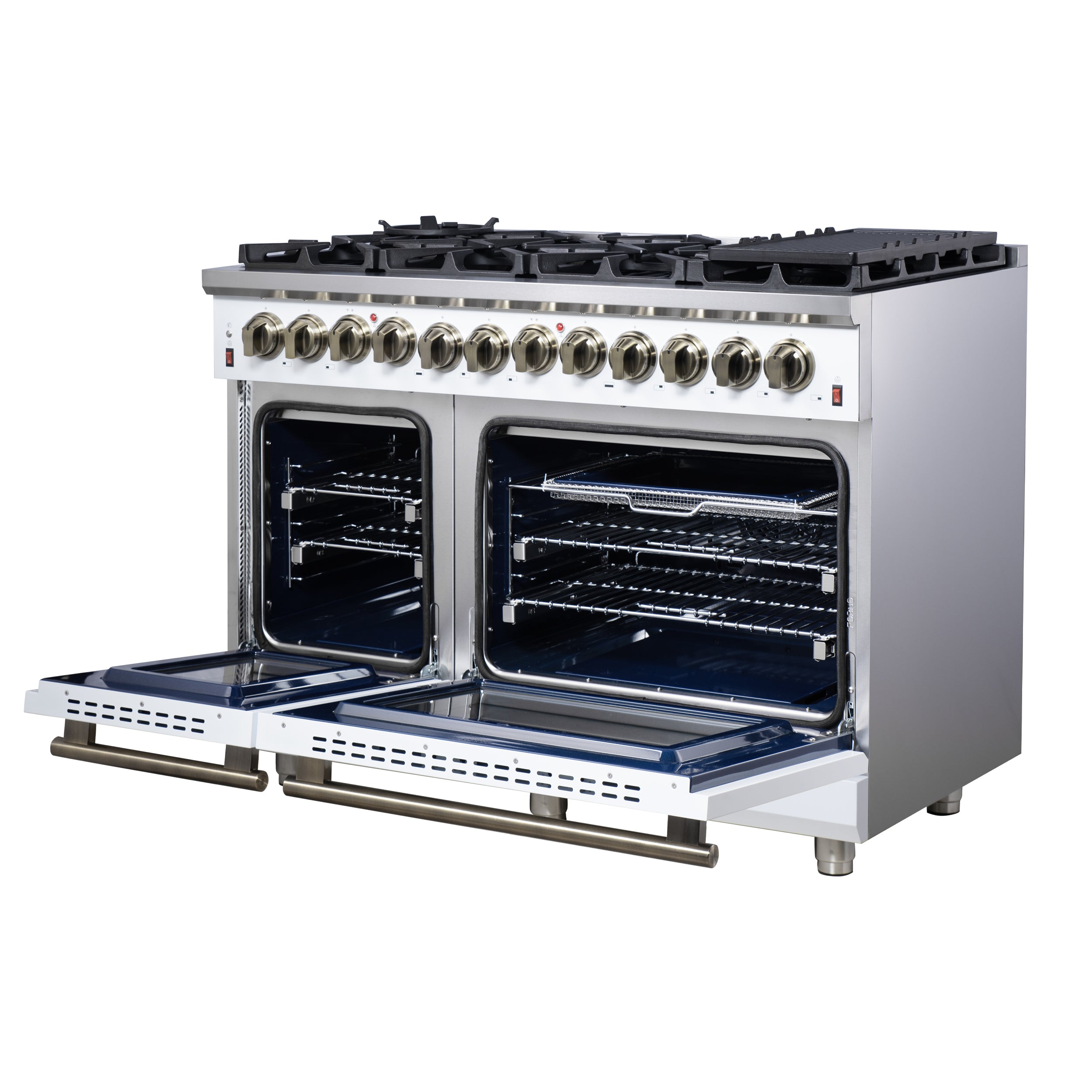 Forno Massimo 48 Inch Freestanding Dual Fuel Range in White with Antique Brass Accessories, 8 Burners, 6.58 cu. ft. Convection Oven