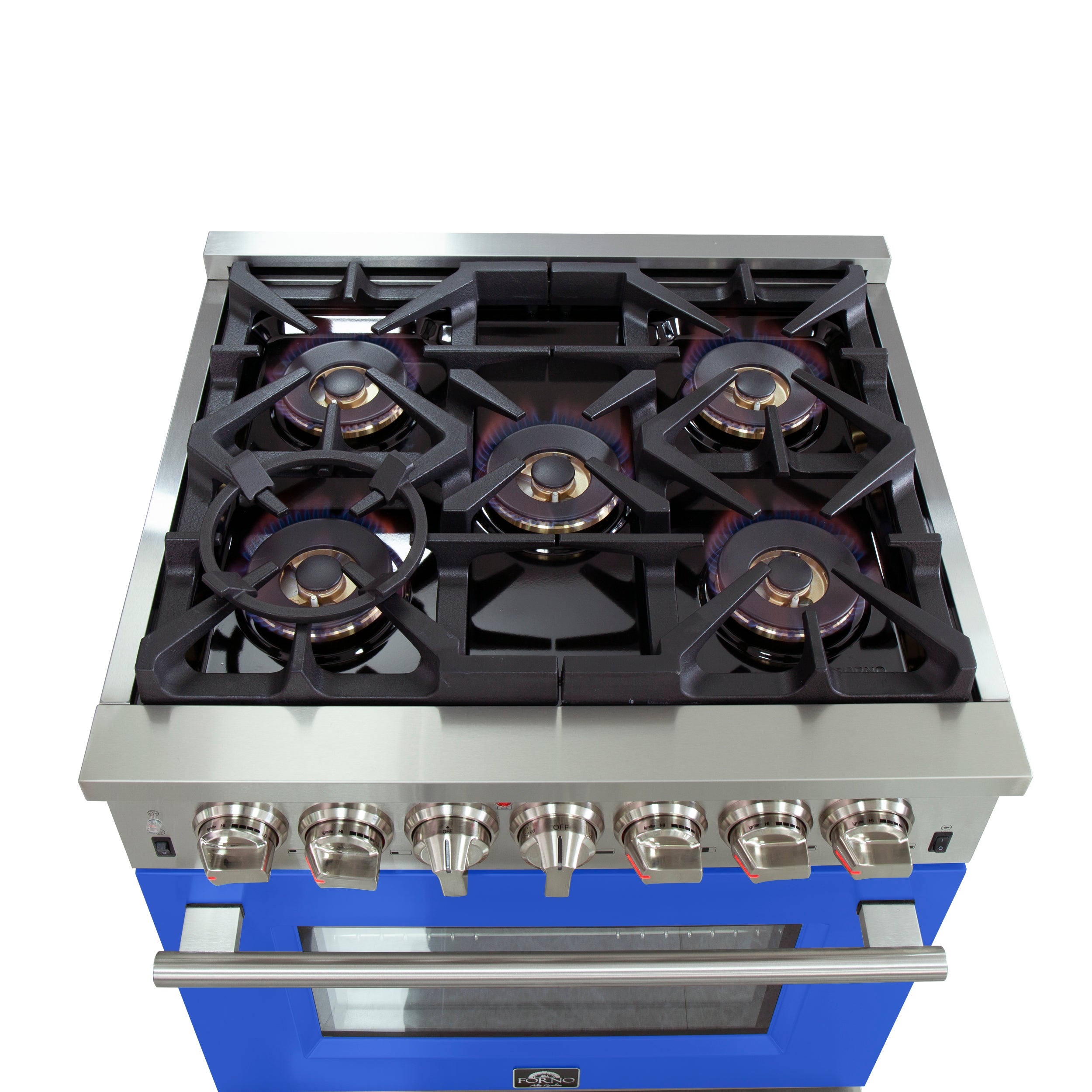 Forno Capriasca 30-Inch Freestanding Dual Fuel Range, 4 Burners, True Convection Oven, Blue Door