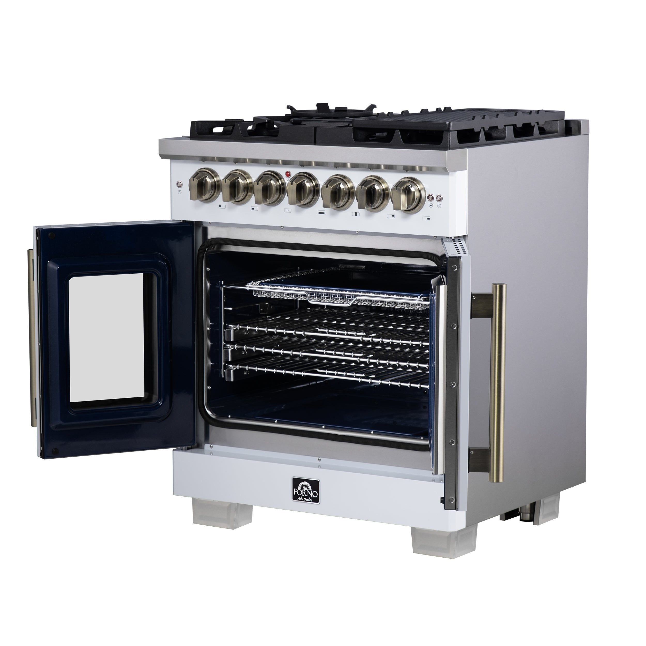 Forno Capriasca 30-Inch Freestanding French Door Dual Fuel Range in White with Antique Brass Accessories, 5 Burners, True Convection Oven