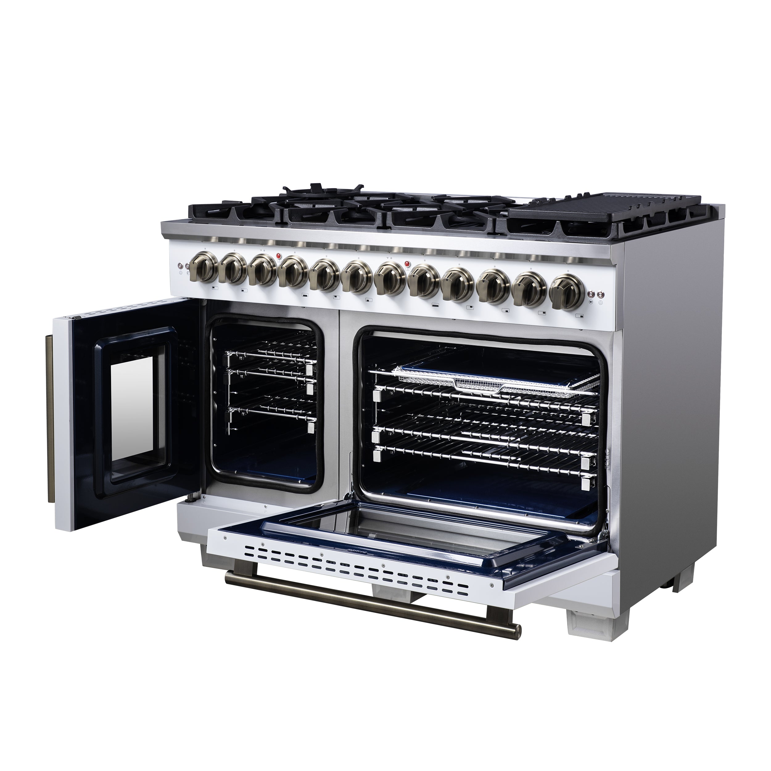 Forno Capriasca 48 Inch Freestanding French Door Dual Fuel Range in White with Antique Brass Accessories, 8 Burners, True Convection Oven