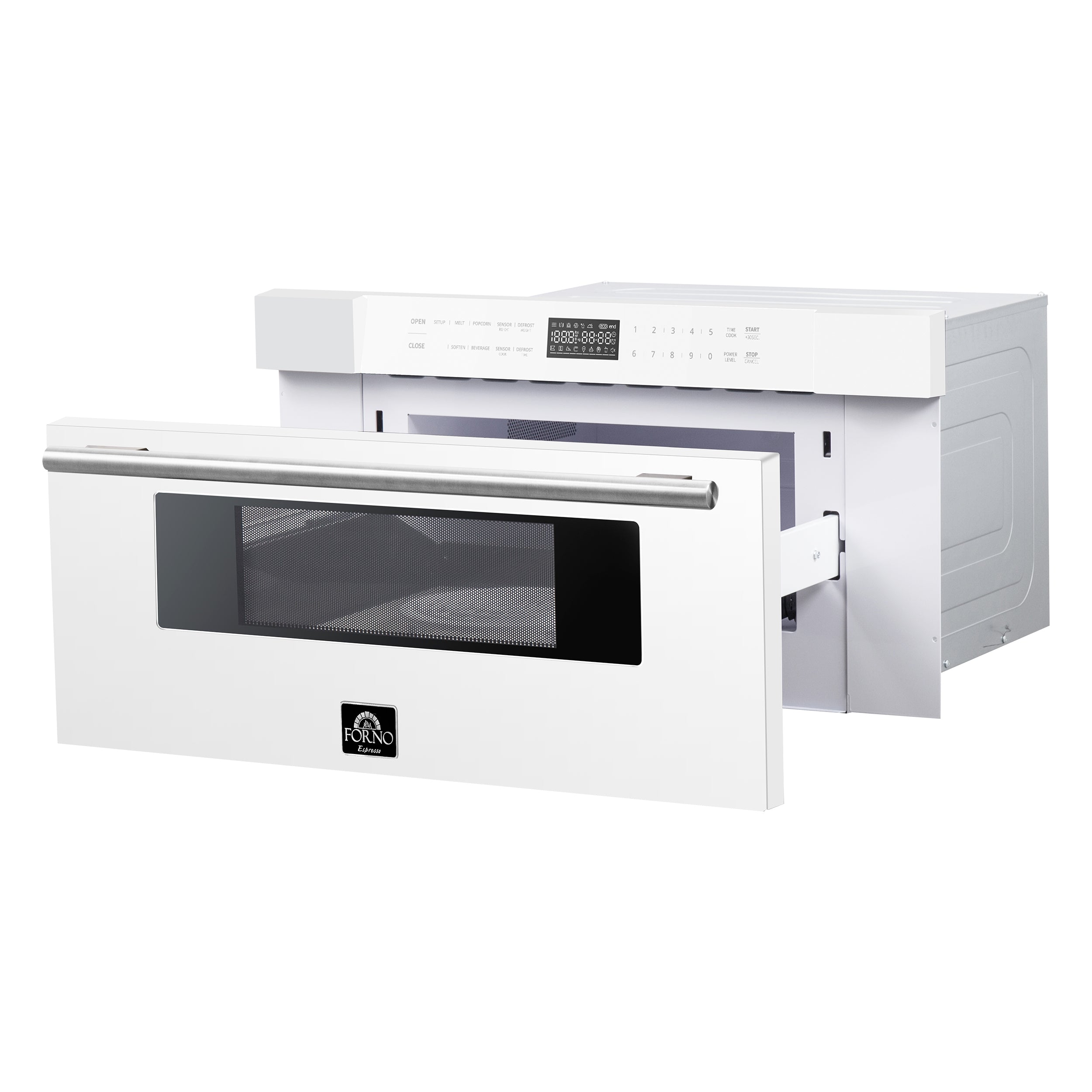 Forno Capoliveri Espresso 30-Inch Microwave Drawer, White, 1.2 cu.ft, 1500 Watts, Built-In, Touch Control LCD Display, Auto-Touch Open/Close, 11 Power Levels, Sensor Cooking